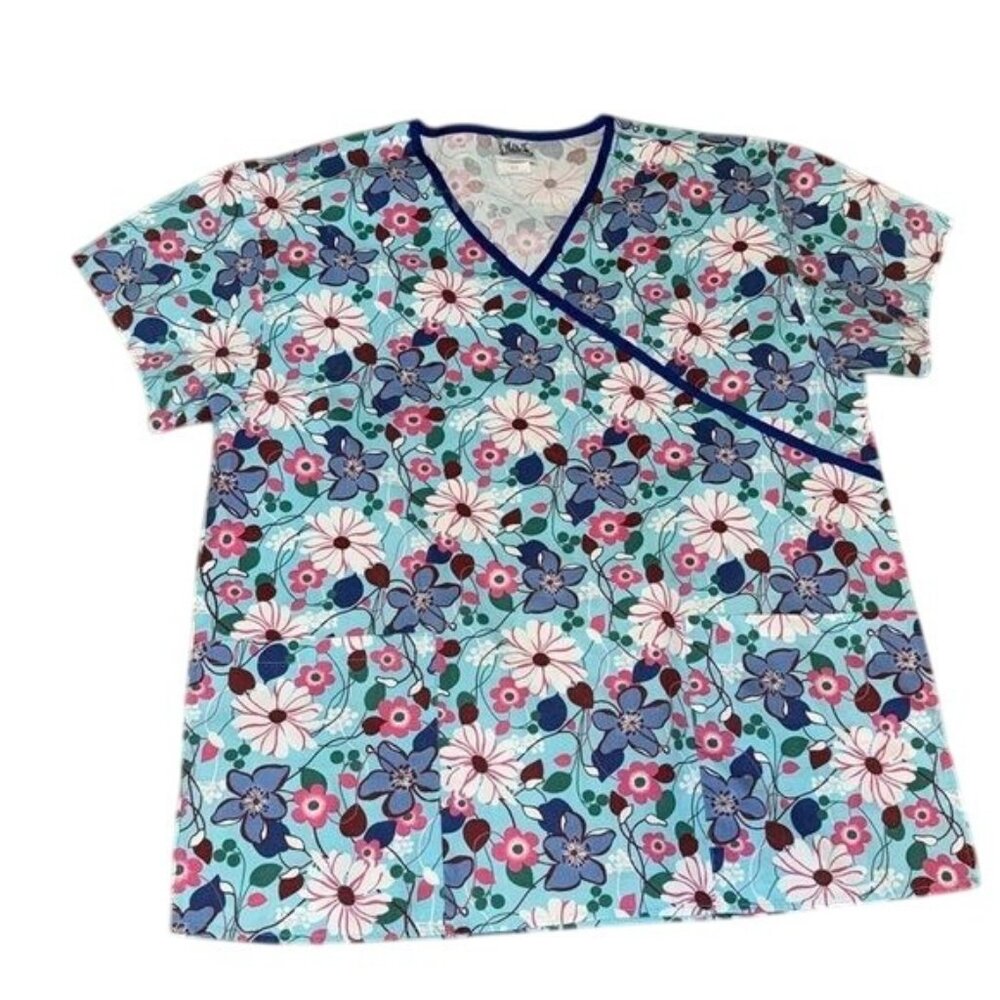 Malibu Top Womens Floral Scrub Top V-Neck Blue & Pink Medium